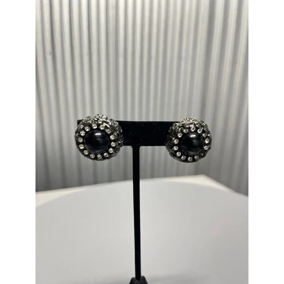Black Rhinestone Stud Earrings Vintage Cluster Dome Round Sparkle Glam - Picture 1 of 9